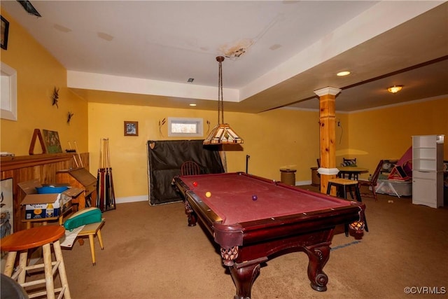 game room with pool table, crown molding, and light carpet