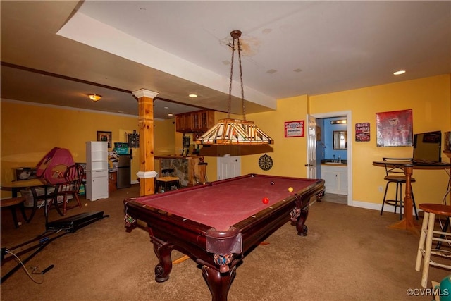 playroom with ornate columns, pool table, crown molding, carpet floors, and sink