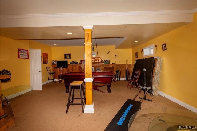 basement with billiards, light carpet, and ornamental molding