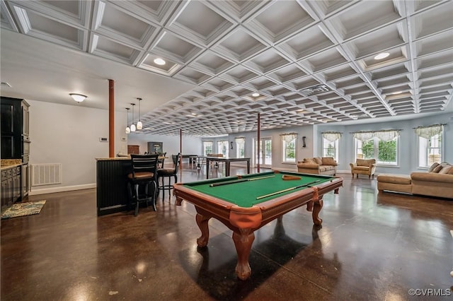 game room featuring coffered ceiling and billiards