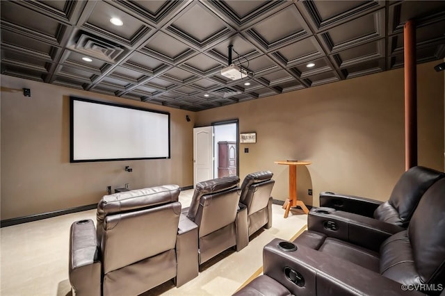 home theater room featuring light colored carpet and coffered ceiling