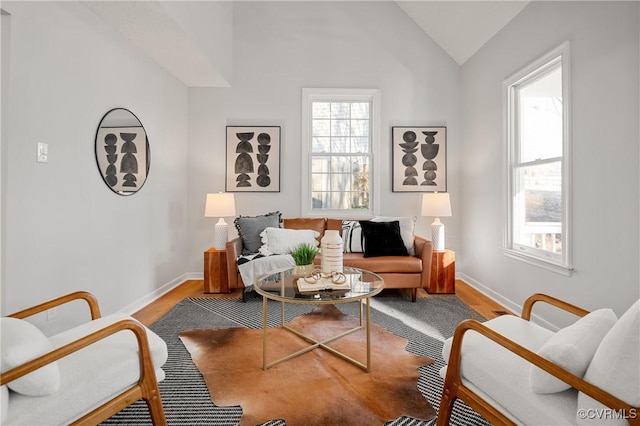 living room featuring vaulted ceiling and wood-type flooring