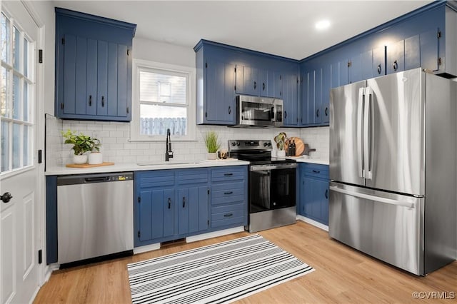 kitchen with sink, stainless steel appliances, blue cabinetry, and decorative backsplash