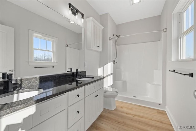 bathroom with toilet, hardwood / wood-style flooring, vanity, and a healthy amount of sunlight