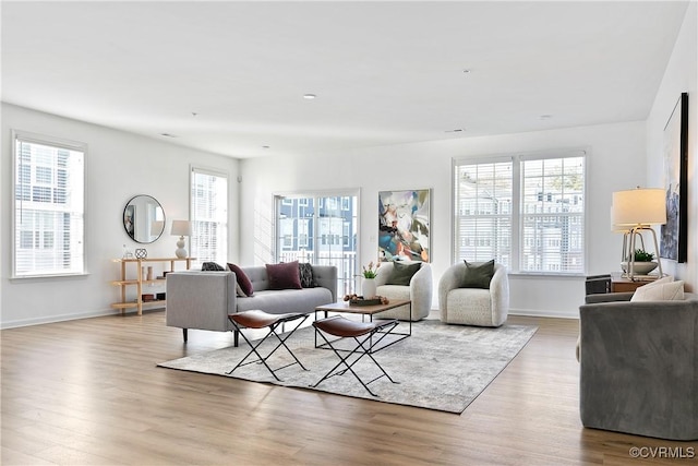 living room featuring light hardwood / wood-style floors and a wealth of natural light