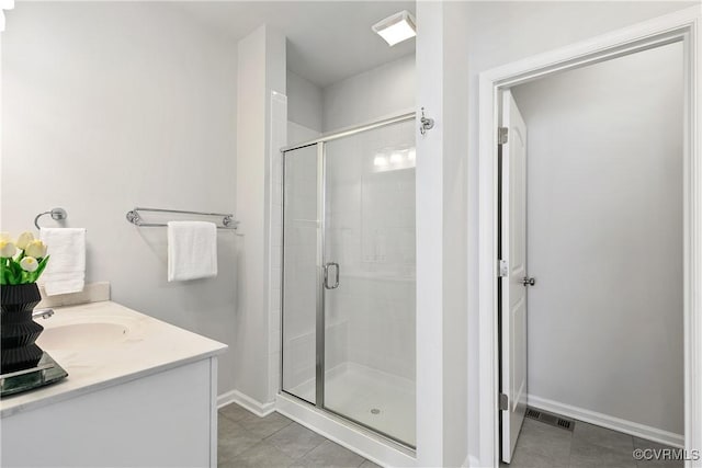 bathroom with tile patterned flooring, an enclosed shower, and vanity