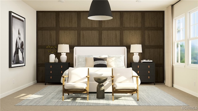 carpeted bedroom featuring wooden walls