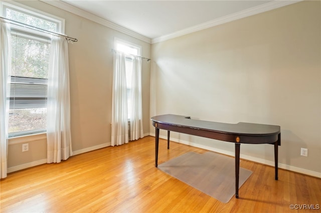 office with ornamental molding, a healthy amount of sunlight, and light wood-type flooring