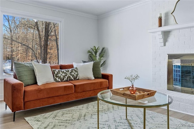 living room with a fireplace, ornamental molding, and hardwood / wood-style flooring