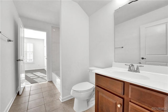 full bathroom with shower / washtub combination, tile patterned floors, vanity, and toilet