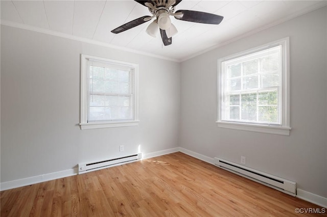 unfurnished room with ceiling fan, crown molding, light hardwood / wood-style floors, and a baseboard radiator