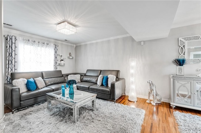 living room featuring ornamental molding and hardwood / wood-style flooring