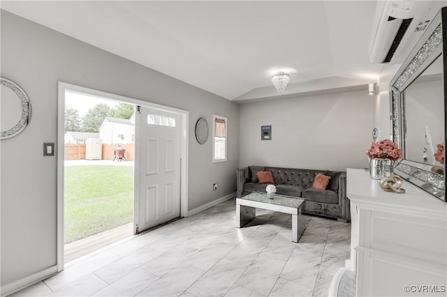 living room with vaulted ceiling