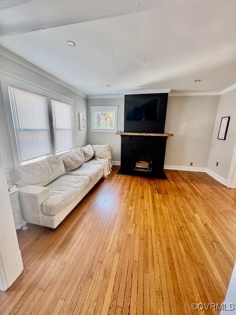 unfurnished living room featuring ornamental molding and light hardwood / wood-style flooring