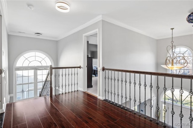 hall featuring a wealth of natural light, crown molding, and wood-type flooring