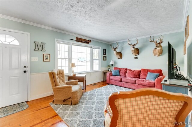 living room featuring a textured ceiling and crown molding