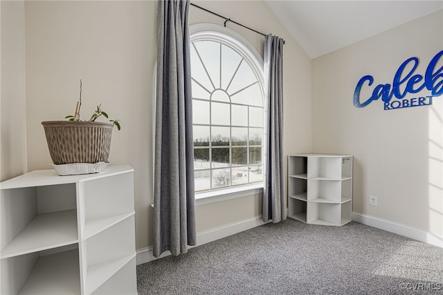 carpeted bedroom featuring vaulted ceiling