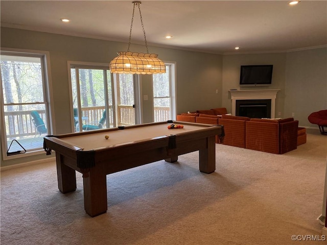 recreation room featuring light colored carpet, crown molding, and pool table