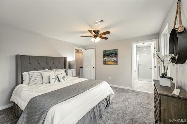 carpeted bedroom featuring ceiling fan and connected bathroom