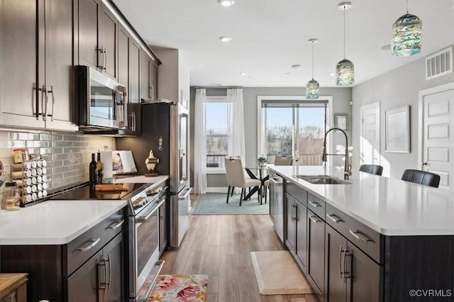 kitchen with sink, hanging light fixtures, appliances with stainless steel finishes, a kitchen island with sink, and light hardwood / wood-style floors