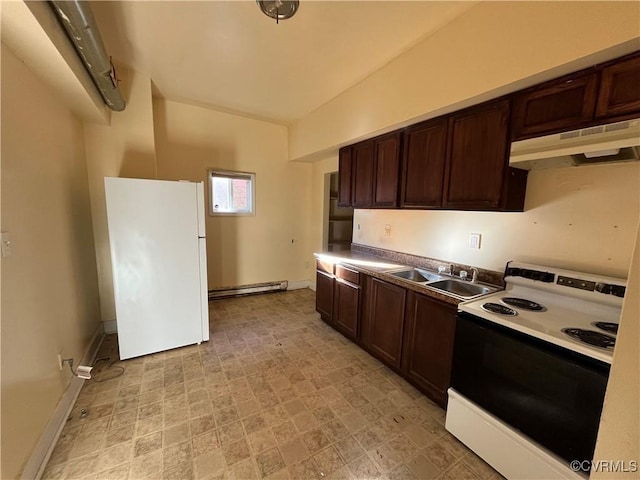 kitchen with baseboard heating, sink, dark brown cabinets, and white appliances