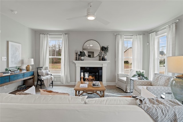 living room featuring ceiling fan and hardwood / wood-style floors