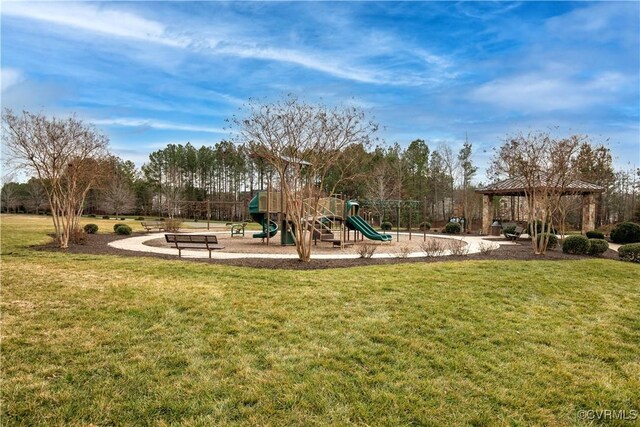 view of play area featuring a gazebo and a yard