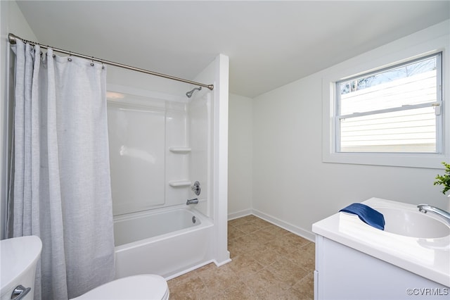 full bathroom with toilet, shower / bathtub combination with curtain, and vanity