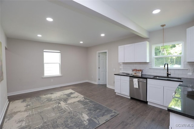 kitchen with white cabinetry, beamed ceiling, sink, hanging light fixtures, and stainless steel dishwasher