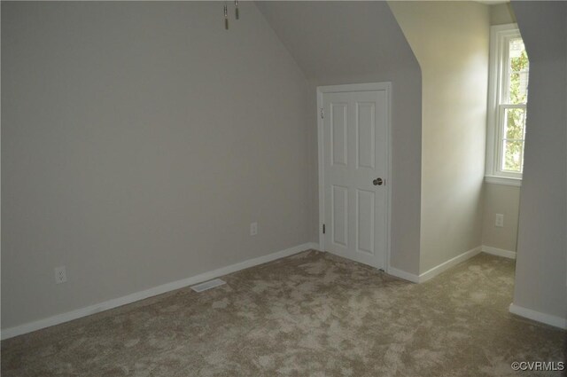 additional living space featuring light carpet, a healthy amount of sunlight, and lofted ceiling