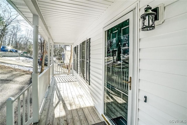 view of snow covered deck