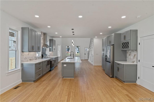 kitchen featuring sink, wall chimney range hood, gray cabinets, and stainless steel appliances