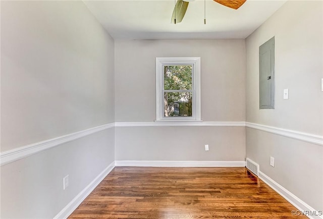 spare room featuring ceiling fan, dark hardwood / wood-style floors, and electric panel