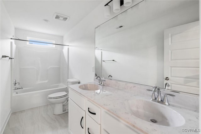 full bathroom with shower / bathing tub combination, vanity, and toilet