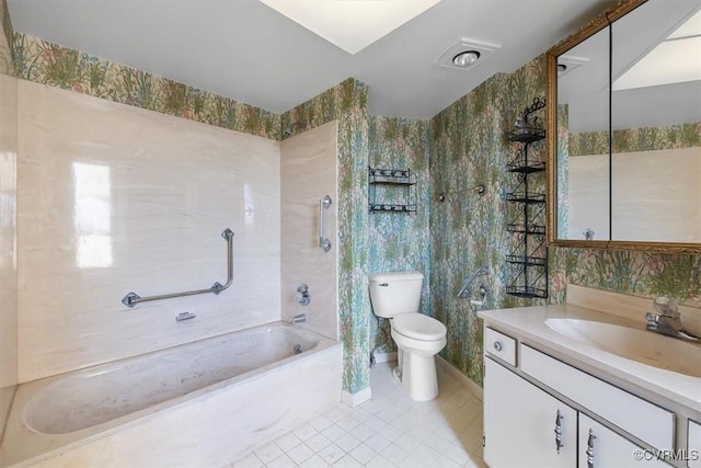 full bathroom featuring toilet,  shower combination, tile walls, vanity, and tile patterned flooring