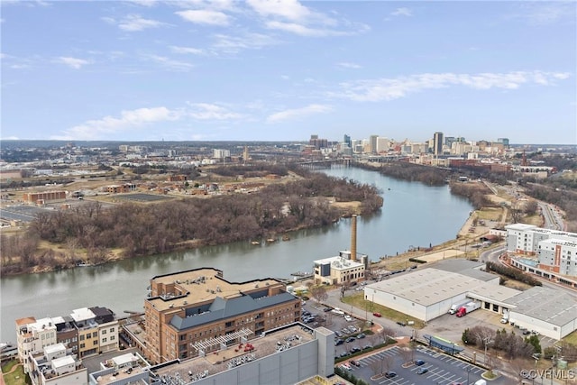 drone / aerial view featuring a water view