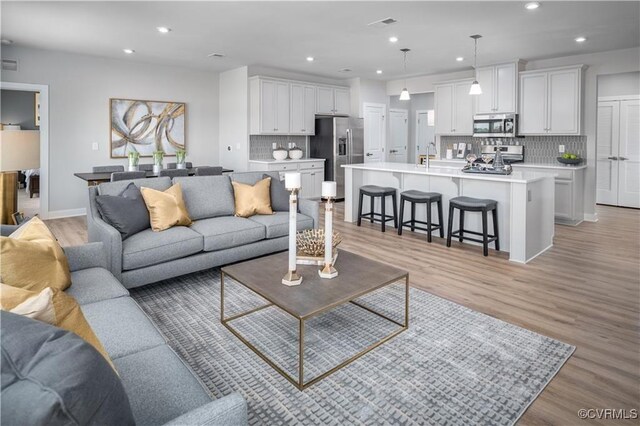 living room featuring sink and light hardwood / wood-style flooring