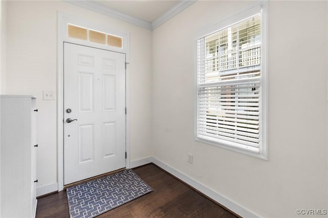 foyer featuring crown molding and dark hardwood / wood-style floors