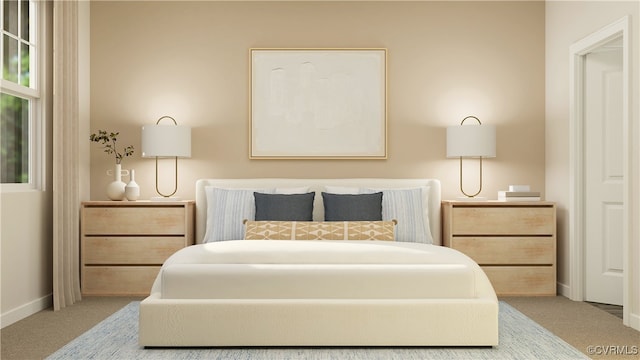 bedroom featuring light colored carpet