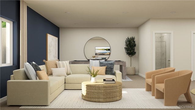 living room featuring light colored carpet