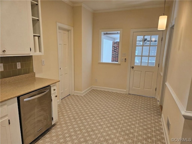 kitchen with decorative light fixtures, white cabinets, decorative backsplash, and stainless steel dishwasher