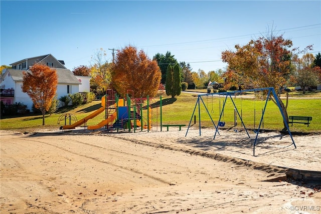 view of jungle gym featuring a yard