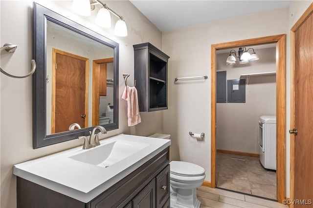 bathroom with vanity, toilet, and electric panel