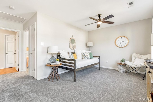 carpeted bedroom with ceiling fan