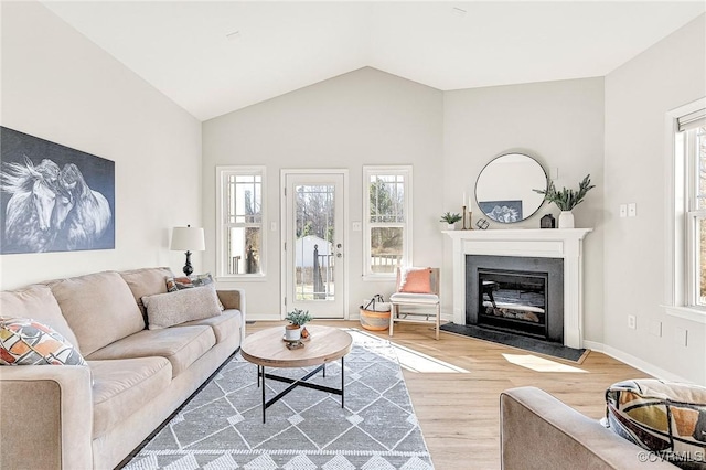 living room with hardwood / wood-style flooring and vaulted ceiling