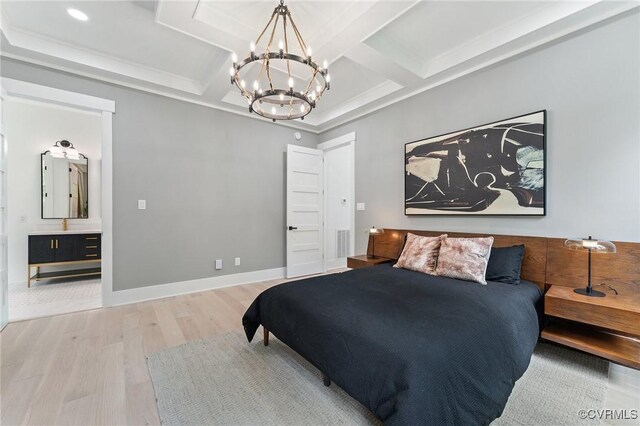 bedroom with wood finished floors, a chandelier, coffered ceiling, beamed ceiling, and baseboards