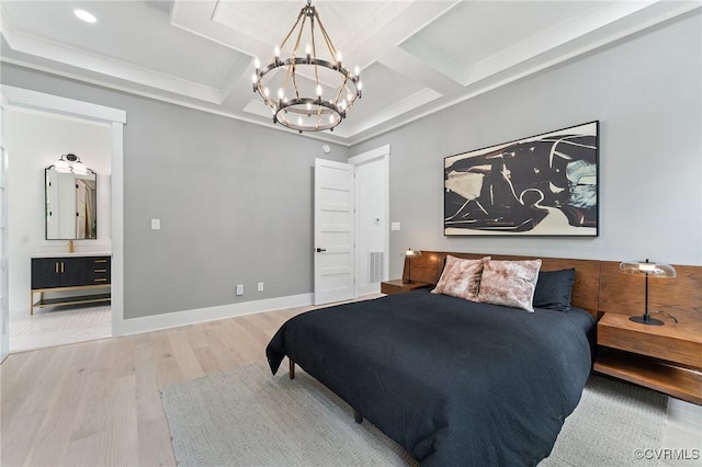 bedroom featuring visible vents, a notable chandelier, beamed ceiling, wood finished floors, and coffered ceiling