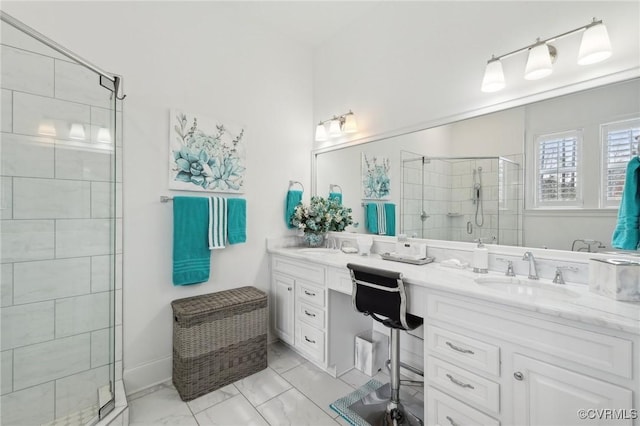 11513 Barrows Ridge Ln, Chesterfield, VA 23838 - full bath featuring a shower stall, marble finish floor, a sink, and double vanity