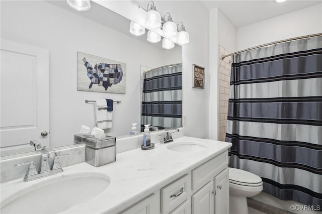 11513 Barrows Ridge Ln, Chesterfield, VA 23838 - bathroom featuring toilet, a shower with shower curtain, a sink, and double vanity