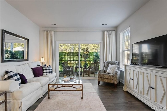 living room with dark wood-type flooring